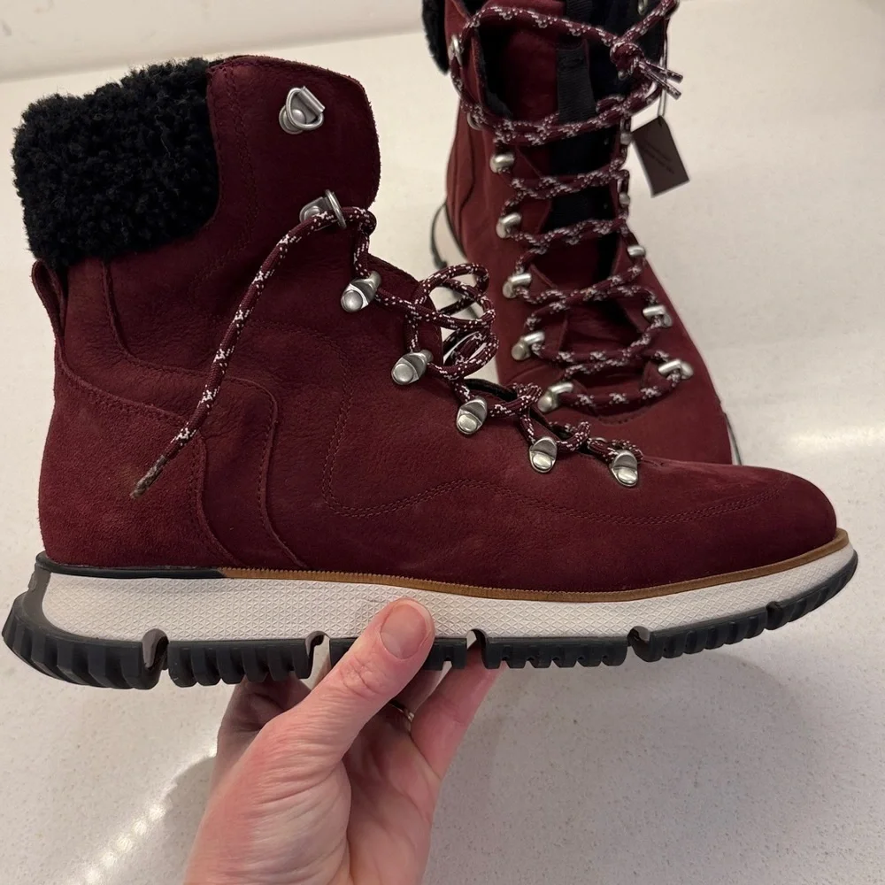 Cole Haan Burgundy Leather Real Fur Winter Boots Size 8 B New!